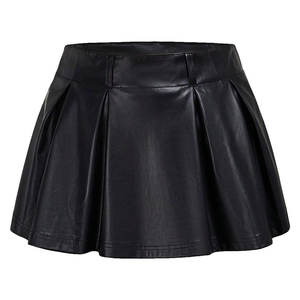 Minifalda de cuero sintético negro para mujer 2026, corte A, con dobladillo acampanado y plisado, con pantalones cortos, OEM ODM - Product Image 1