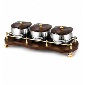 Wholesale Tabletop Hotel Serveware Stainless Steel Date <b>Bowl</b> <b>With</b> <b>Lid</b> Custom Logo Metal Date Pot <b>With</b> Decorative Wooden Stand - Product Image 1