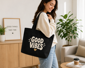 Good Vibes <b>Foldable</b> Canvas Tote <b>Bag</b> with Heart Design Black for <b>Travel</b> & Shopping - Product Image 4