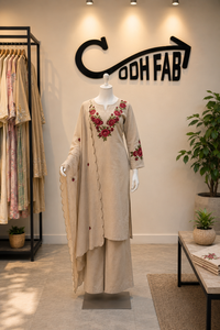 Conjunto de Kurti Étnico para Mujer, de Algodón Khadi, Corte Regular, Estampado Digital, Bordado Floral, Manga Larga, Top Midi, Pantalones, Dupatta, Casual - Product Image 4