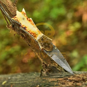High Quality Damascus Steel Folding EDC <b>Knife</b> with Natural <b>Bone</b> <b>Handle</b> Leather Sheath Custom Hunting Camping <b>Knife</b> - Product Image 2