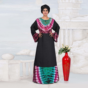 Robe longue islamique pour femme, style kaftan modeste en rayonne, avec col orné de diamants, motif tie-dye, manches longues, style Moyen-Orient - Product Image 1