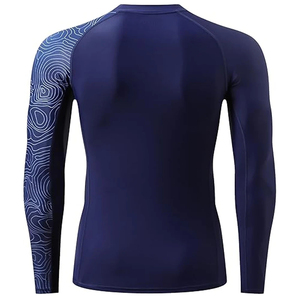 Latest Design Of Men's Navy Long <b>Sleeve</b> <b>Compression</b> Rash Guard With Topographic Print On <b>Arms</b> All Seasons Workout Wear - Product Image 2