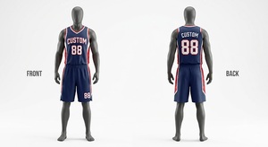 Ensemble de maillot de basket-ball bleu marine personnalisé pour homme, débardeur sans manches à col en V avec short à cordon de serrage, impression sublimée, respirant - Product Image 1