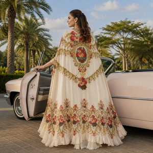 Floral Printed Cotton <b>Cape</b> Dress Set <b>Women</b> Elegant Ethnic Partywear Designer Longline Outfit Islamic Embroidery Quick One Set - Product Image 2