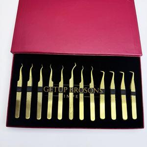 GETUP BROSONS – Kit de pinces à cils en acier inoxydable plaqué or, pointe de précision lisse, prise diamantée, 10 mm, 10 pièces, emballage boîte - Product Image 1