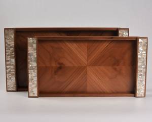 Ensemble de plateaux en bois incrustés de nacre géométrique, faits à la main, mosaïque, plateau de service oriental, coquillages naturels, décoration d'intérieur - Product Image 2