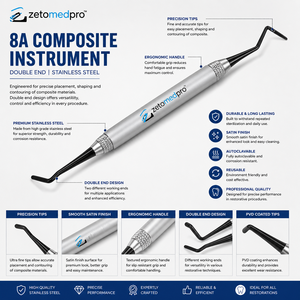 Instrumento Compuesto Zetomed Pro 8A, Herramienta Dental Restauradora de Doble Extremo de Acero Inoxidable, ZetomedPro - Product Image 2