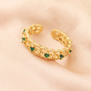Fashionable emerald cz eternity <b>ring</b> 18k gold plated filigree <b>adjustable</b> open band brass metal wholesale women jewelry gift - Product Image 6