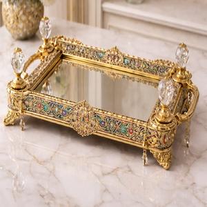 Plateau de service en or de luxe pour décoration de mariage, plateau décoratif arabe islamique pour Ramadan, plateau à thé en métal de qualité supérieure - Product Image 1