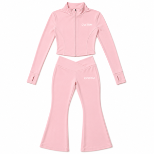 Ladies Pink Workout Set Fitted Stand Collar Training <b>Jacket</b> Wide Leg <b>Yoga</b> Trousers Stretch Sportswear Custom Gym Fitness Sets - Product Image 3
