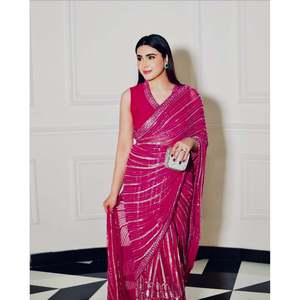 Sari de noche de diseñador con hilo de lentejuelas Dori Work para ropa de fiesta - Product Image 3