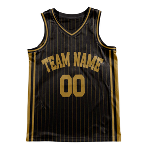 Ensemble uniforme de basket-ball rétro personnalisé noir et or à rayures fines, maillot et short avec texte doré, design rétro avec nom et numéro d'équipe - Product Image 3