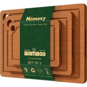 Set di 3 Taglieri in Bambù per Cucina, Blocchi di Taglio in Legno con Tappetino Antiscivolo, Scanalatura Profonda per Succhi e Manici Integrati - Product Image 5