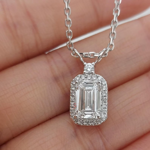 <b>Emerald</b> Cut Cubic Zirconia <b>Pendant</b> Necklace Rhodium Plated Stainless Steel Box Chain Women's Classic Everyday Jewelry - Product Image 1