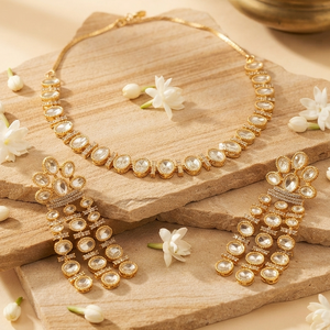 Elegant Artificial Moissanite <b>studded</b> Ethnic Gold Plated Choker Necklace Long Matching Drop <b>Earrings</b> Set for Women Anniversary - Product Image 5