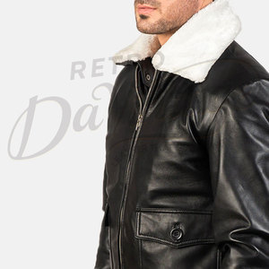 Chaqueta Bomber de Cuero Negra Premium para Hombre con Cuello de Piel Sintética Blanca, Chaqueta de Piloto Cálida para Invierno, Corte Ajustado - Product Image 1