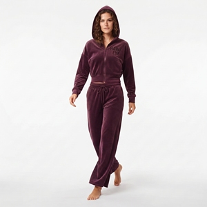Ensemble de survêtement tendance en velours pour femme, haut court zippé à capuche à manches longues et pantalon de jogging large, tenue décontractée, logo personnalisé - Product Image 3