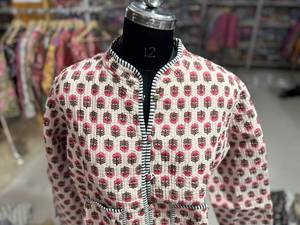 Hand Embroidered <b>Quilted</b> Cotton <b>Jacket</b> Mandarin Collar Single Button Closure Full Sleeve Geometric <b>Pattern</b> Women's Autumn Wear - Product Image 2