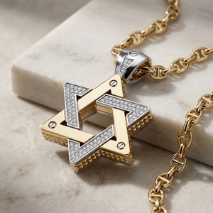 Collar con Colgante de Estrella de David 3D de Dos Tonos de Lujo para Hombre, Chapado en Oro Rosa con Diamantes de Laboratorio, 10k/14k/18K, Heritage Magen - Product Image 1