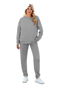 Ensemble de survêtement gris à capuche pour femme, couleur unie, pantalon de jogging en coton, manches longues, coupe décontractée, vêtements d'automne avec poches latérales - Product Image 6