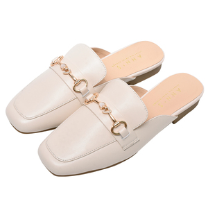 Mocasines Ann'S de Punta Cuadrada, Cuero Genuino, Beige, Planos, con una Sola Correa y Hebilla, Sin Cordones, para Todas las Temporadas, Color Sólido - Product Image 1