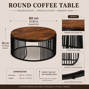 โต๊ะกาแฟไม้เนื้อแข็งทรงกลมสไตล์โมเดิร์น โครงเหล็กสีดำ สำหรับห้องนั่งเล่น โรงแรม เฟอร์นิเจอร์ขายส่ง - Product Image 2