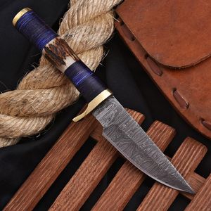Cuchillo de Caza de Acero de Damasco con Punta Caída, Mango de Asta de Ciervo, Cuchillo Personalizado para Bushcraft y Camping al Aire Libre, Fabricante OEM - Product Image 4