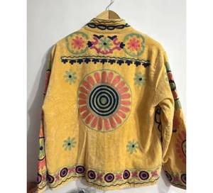 Yellow Hand Embroidered Floral Jacket <b>Women</b> Stand Collar Full Sleeve Boho Prairie Chic <b>Spring</b> Cotton <b>Coat</b> Open Front Boho Casual - Product Image 4