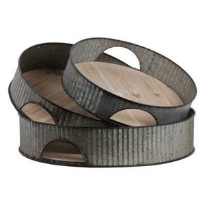 Juego de 3 bandejas redondas de metal para servir con asas de madera, estilo vintage hecho a mano, vajilla duradera para fiestas - Product Image 3