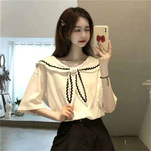 เสื้อฮู้ดผู้หญิง คอปกกะลาสี เสื้อยืดผู้หญิงทรงหลวม สไตล์น่ารัก เสื้อผ้าแบบต่อผ้า ดีไซน์เนอร์มืออาชีพ เสื้อฮู้ดสไตล์มินิมอล - Product Image 2