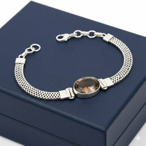 Bracelet à maillons bohèmes fait main en argent plaqué 925 Samrat Jewels pour femme, avec quartz fumé ovale serti clos, ajustable, idéal comme cadeau - Product Image 2