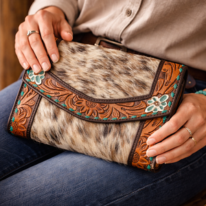 Bolso de mano tipo cartera de cuero vacuno occidental con pelo, grabado floral y incrustaciones de turquesa, hecho a mano para mujer, listo para enviar - Product Image 6