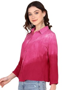 Chemise décontractée pour femme Maaesa en coton, faite à la main, tie-dye, col ouvert, manches longues, coupe classique - Product Image 1