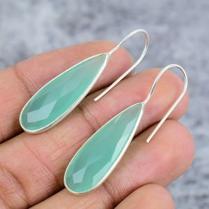 925 <b>Sterling</b> <b>Silver</b> Women Aqua Chalcedony Pear Cut Gemstone <b>Silver</b> Hook Earrings Trendy Birthday Gift Everyday Wear Party - Product Image 3