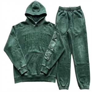 Higher Purpose Men's Hoodie & <b>Sweatpants</b> <b>Set</b> Green Embossed Logo Casual Autumn Style 100% Cotton French Terry Garment Dyed - Product Image 1