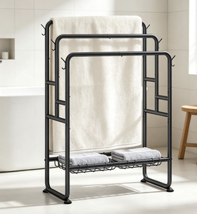 Freestanding Workshop Steel Towel Rack Floor Standing <b>Clothes</b> Drying Stand Three-Layer Adjustable Mesh <b>Shelf</b> Tool Storage - Product Image 1