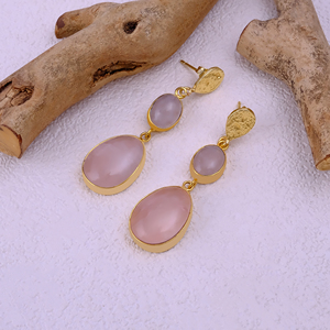 Pendientes Colgantes de Cuarzo Rosa Natural, Chapados en Oro, Hechos a Mano con Piedras Preciosas, Joyería Boho para Mujer, Venta al Por Mayor - Product Image 4