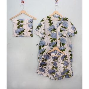 Ensemble de pyjama en coton indien imprimé à la main pour femme et homme, pyjama court à fleurs, vêtements d'été, pyjama tendance pour femme, pyjama personnalisé - Product Image 1