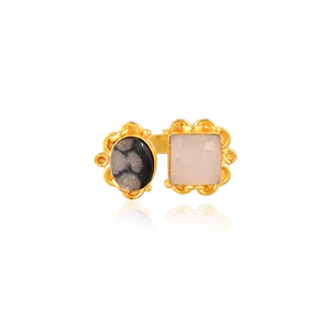 Natural White <b>Moonstone</b> & Mix Druzy Two Gemstone Gold Plated Brass Ring Handmade Trendy <b>Jewelry</b> for Women - Product Image 1