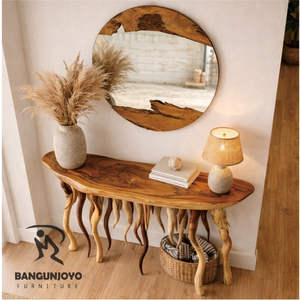 Table console en bois massif avec miroir rond - Design moderne minimaliste, durable et écologique, fabriqué à la main pour le mobilier de salon - Product Image 3
