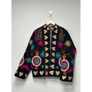 Handmade Black <b>Velvet</b> Floral Suzani <b>Jacket</b> with Heart Embroidery Artisan Boho Festival Wear for Women - Product Image 1