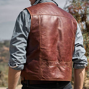 <b>Men</b> Genuine <b>Leather</b> <b>Vest</b> Moto Biker Style Collarless Solid Color Outer Wear Autumn Regular Length With Pockets <b>Vest</b> Quantity - Product Image 4