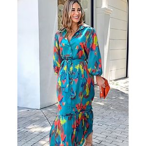 Abito Lungo da Donna con Stampa a Contrasto, Monopetto, Maniche a Lanterna, Collo a Volant, Stile Casual Autunnale - Product Image 4