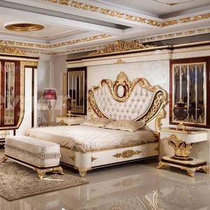 Juego de Dormitorio Europeo Ajustable de Lujo en Oro Blanco, Cama de Caoba Tallada Estilo Beverly Hills, Garantizado - Product Image 2