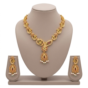 Conjunto de collar rojo Jadaau chapado en oro sobre latón, estilo indio, para mujer, tradicional, étnico, calidad de exportación, regalo para fiesta en Rajasthan - Product Image 1