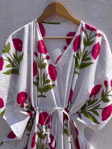 Women's Floral Print 100% Cotton Maxi <b>Kaftan</b> Dress V Neck Batwing Sleeves Drawstring Eco-Friendly <b>Beach</b> Cover Resort Wear Summer - Product Image 2