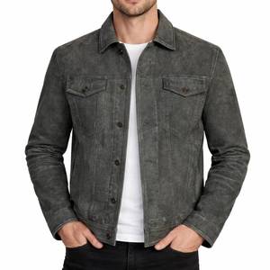 Caleb Mens <b>Grey</b> Genuine Leather <b>Waterproof</b> Winter Trucker Style Moto Suede <b>Jacket</b>-Streetwear - Trucker Style <b>Jacket</b> Leather - Product Image 1