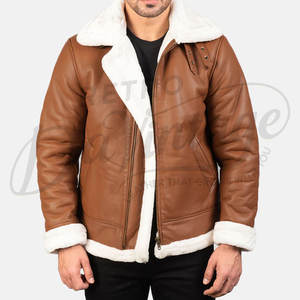 Veste bomber en cuir véritable pour homme, couleur marron clair, doublure en fausse fourrure blanche, veste d'aviateur d'hiver, manteau en cuir de qualité supérieure - Product Image 6