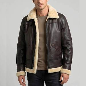 Men's Brown Canvas <b>Leather</b> Waterproof Windproof Slim Fit Zip Front Motorcycle Style Biker Coat Criss-cross Decoration Sheep Fur - Product Image 5